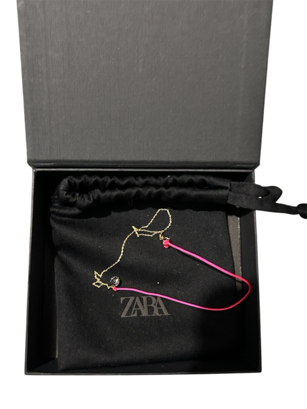 ZARA Neon Pink Cord & Gold Chain Rhinestone Bracelet NIB 1856/283 dust bag incl.